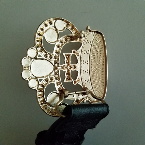 Black Leather With Gold Rhinestone Crown Buckle Belt